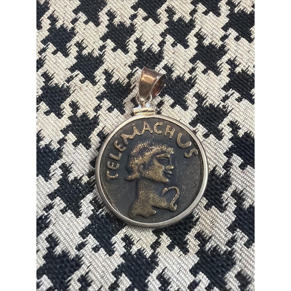 VTG Sterling Silver Telemachus Greek Warrior Medallion Pendant CC Signed 1"